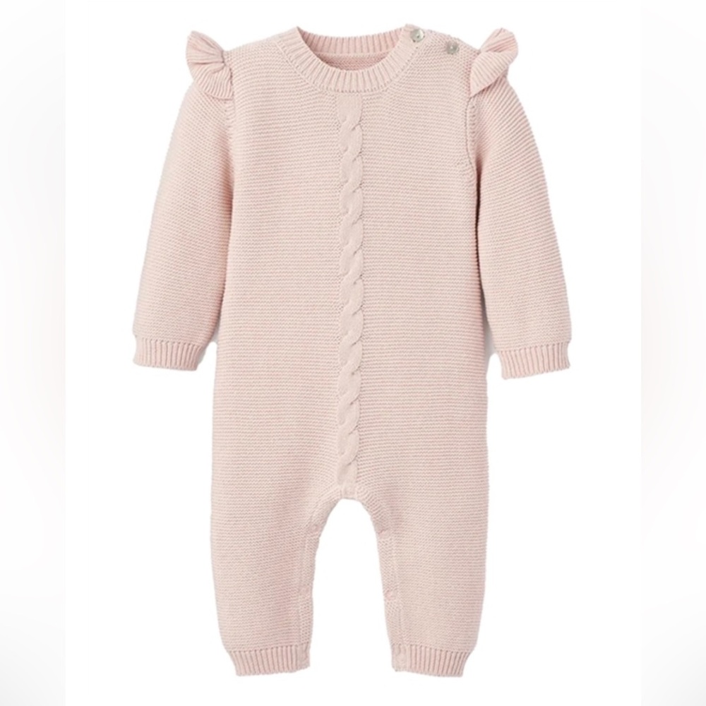 Elegant Baby Cable Garter Knit Baby Jumpsuit- Pink 3M